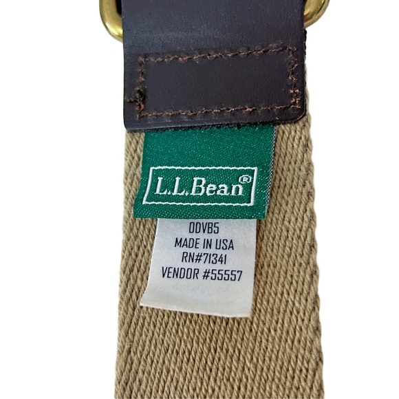 L.L. Bean Belt Square Ring Buckle Cotton Web & Leather Khaki Made in USA Vintage - Picture 4 of 12